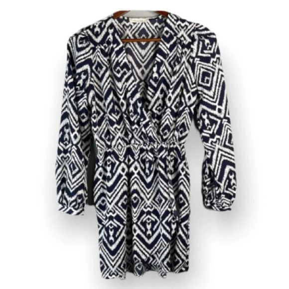 HONEY BELLE Print Crossover Mini Dress Navy Print V-neck Long Sleeve Boho Size S - Picture 2 of 12